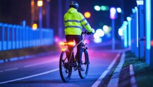 E-bike rider at night wearing reflective high-visibility gear and equipped with various LED lights, illustrating enhanced safety measures in low-light conditions.