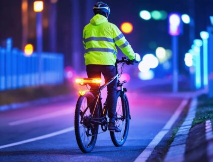 E-bike rider at night wearing reflective high-visibility gear and equipped with various LED lights, illustrating enhanced safety measures in low-light conditions.