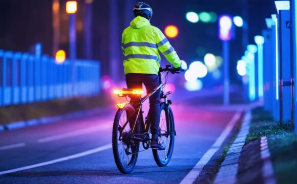 E-bike rider at night wearing reflective high-visibility gear and equipped with various LED lights, illustrating enhanced safety measures in low-light conditions.