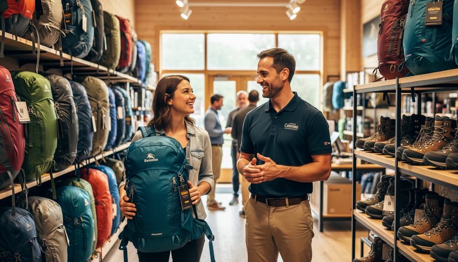 Customers browsing camping equipment in a specialty outdoor gear retail store