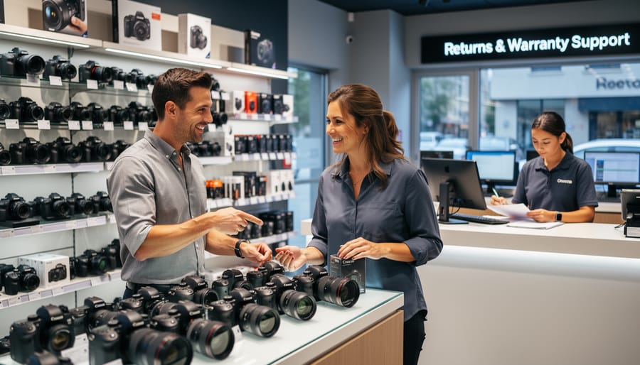Store employee providing expert advice to customer about camping backpack selection