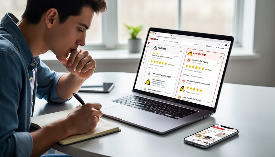 Person reading online store reviews on smartphone while researching camping gear retailers