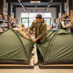 Shopper comparing two tents in an outdoor gear store, hands checking seams and poles, with backpacks, boots, and a staff member softly blurred in the background under warm, diffused lighting.