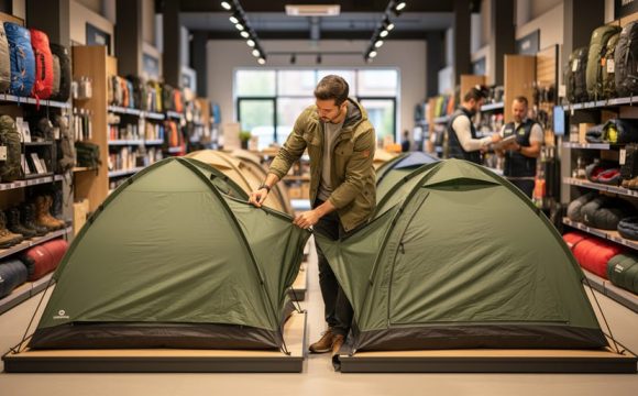 Shopper comparing two tents in an outdoor gear store, hands checking seams and poles, with backpacks, boots, and a staff member softly blurred in the background under warm, diffused lighting.