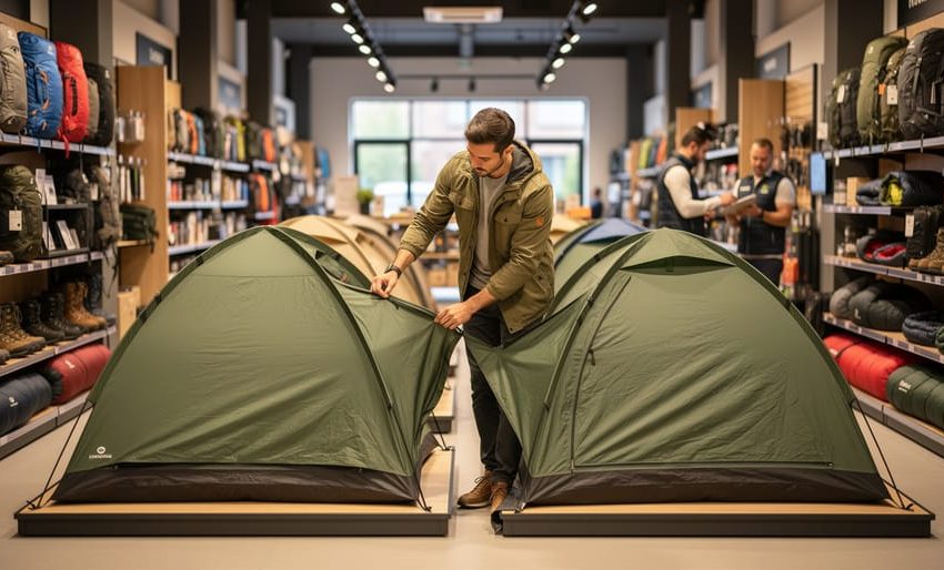 Shopper comparing two tents in an outdoor gear store, hands checking seams and poles, with backpacks, boots, and a staff member softly blurred in the background under warm, diffused lighting.