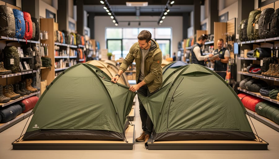 Shopper comparing two tents in an outdoor gear store, hands checking seams and poles, with backpacks, boots, and a staff member softly blurred in the background under warm, diffused lighting.