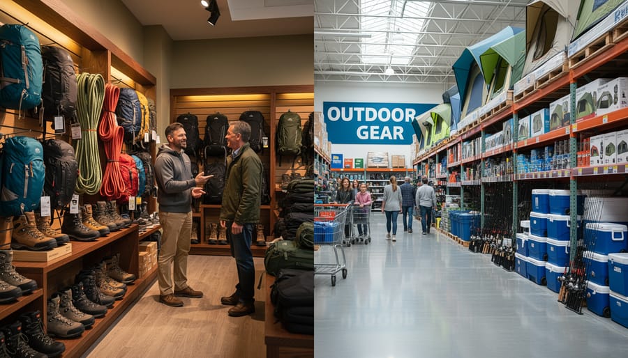 Side-by-side view of specialty outdoor gear store and large big-box retail building