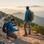 Two hikers on a mountain trail at sunrise, looking out over misty valleys and distant peaks in warm golden light.