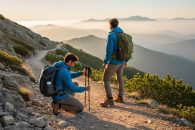 Two hikers on a mountain trail at sunrise, looking out over misty valleys and distant peaks in warm golden light.