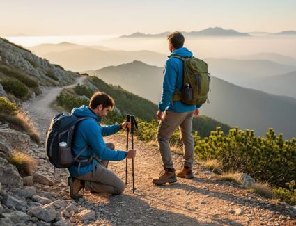 Two hikers on a mountain trail at sunrise, looking out over misty valleys and distant peaks in warm golden light.