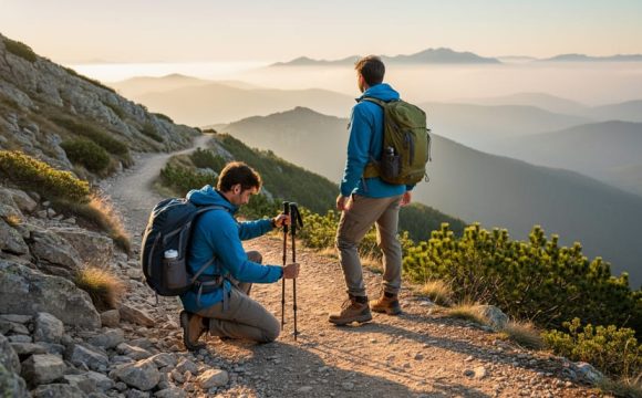 Two hikers on a mountain trail at sunrise, looking out over misty valleys and distant peaks in warm golden light.