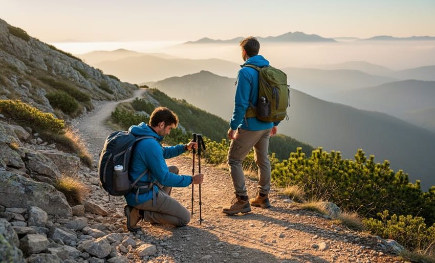 Two hikers on a mountain trail at sunrise, looking out over misty valleys and distant peaks in warm golden light.
