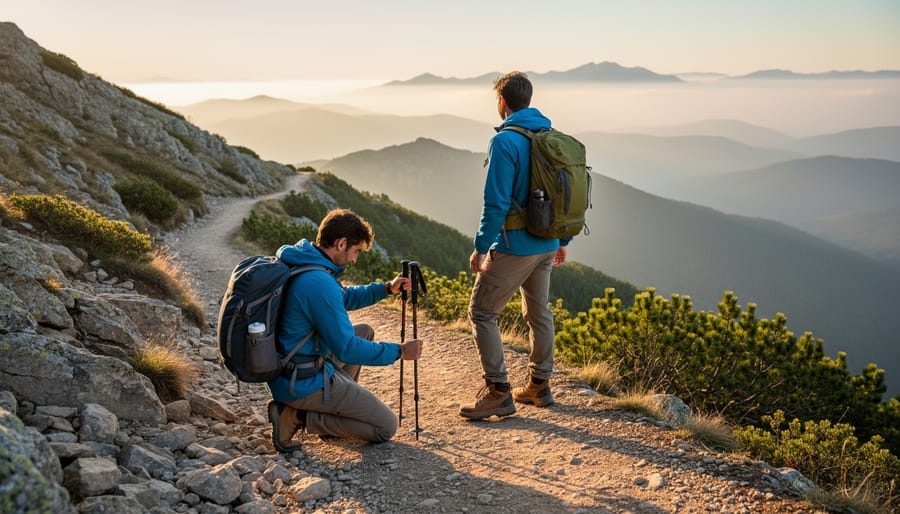 Two hikers on a mountain trail at sunrise, looking out over misty valleys and distant peaks in warm golden light.