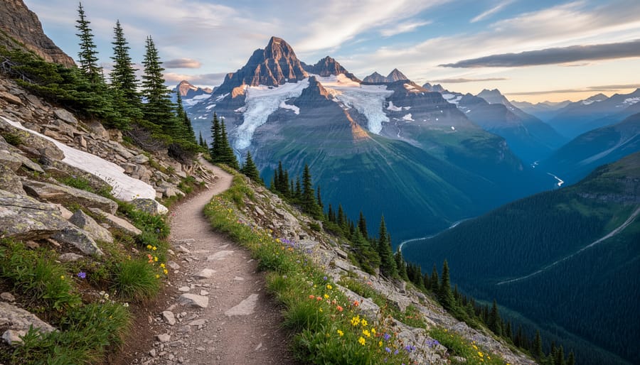 A hiker standing on a rocky alpine trail with towering glacier mountains in the distance.