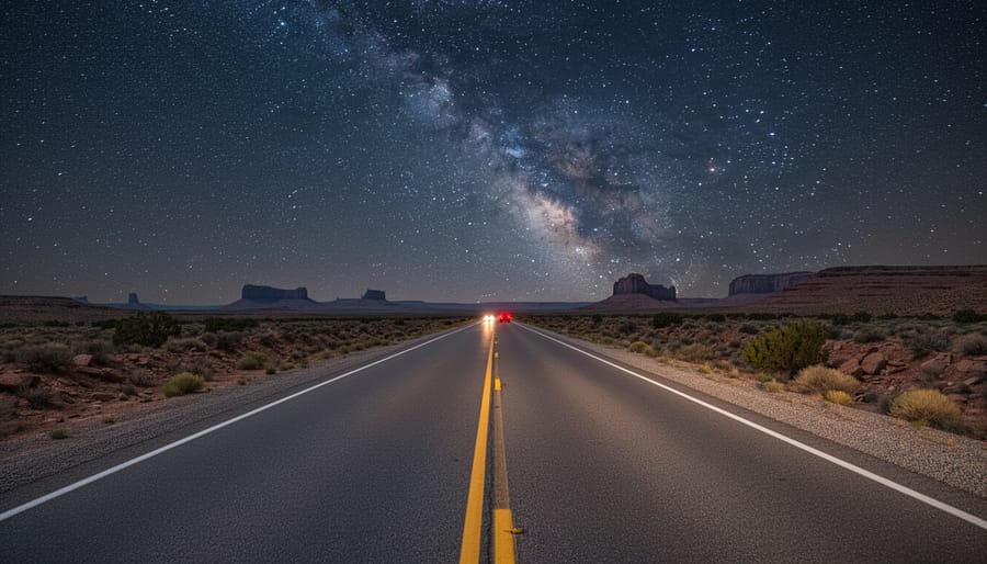 A person stargazing in the desert at night with the Milky Way visible above a dark road.
