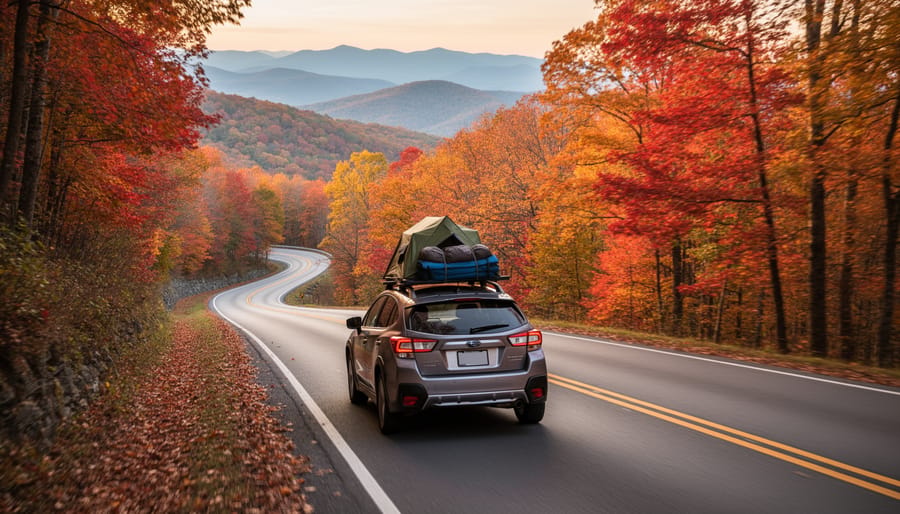 A scenic mountain road in autumn with parked cars and a roadside picnic/camping setup in the foreground.