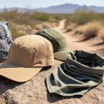Sun-protective hiking cap and outdoor gear on a rocky trail with a sunlit mountain landscape in the background.