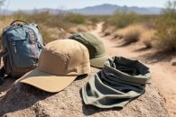 Sun-protective hiking cap and outdoor gear on a rocky trail with a sunlit mountain landscape in the background.