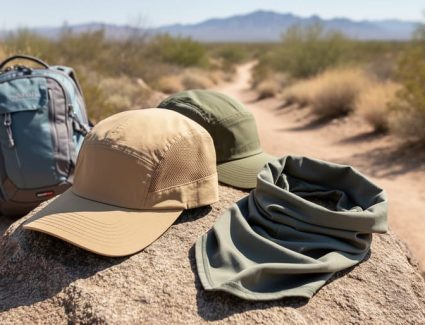 Sun-protective hiking cap and outdoor gear on a rocky trail with a sunlit mountain landscape in the background.