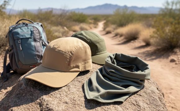 Sun-protective hiking cap and outdoor gear on a rocky trail with a sunlit mountain landscape in the background.