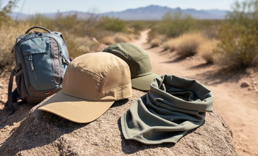Sun-protective hiking cap and outdoor gear on a rocky trail with a sunlit mountain landscape in the background.