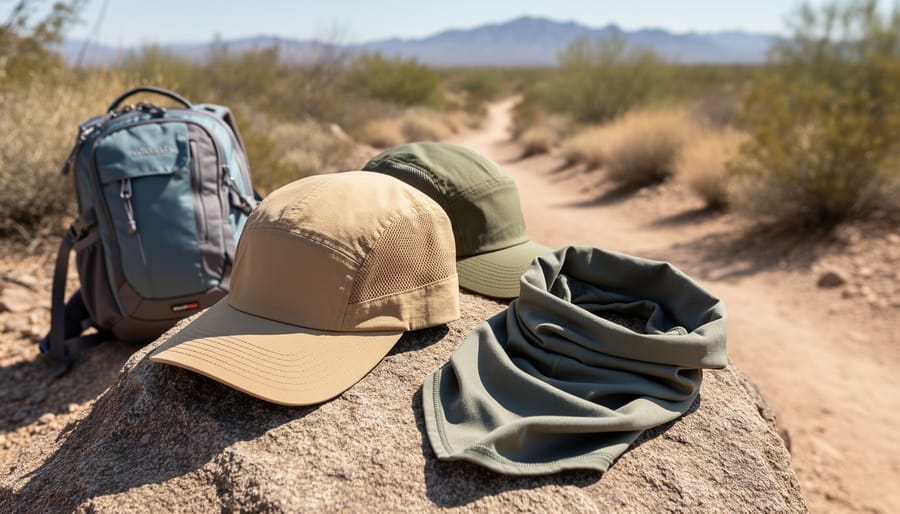 Sun-protective hiking cap and outdoor gear on a rocky trail with a sunlit mountain landscape in the background.