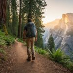Hiker on a winding California hiking trail with redwood ferns and granite peaks in the background, showing rugged terrain and natural scenery.