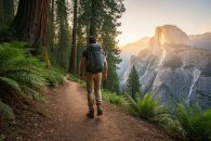Hiker on a winding California hiking trail with redwood ferns and granite peaks in the background, showing rugged terrain and natural scenery.