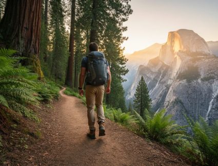 Hiker on a winding California hiking trail with redwood ferns and granite peaks in the background, showing rugged terrain and natural scenery.
