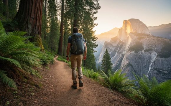 Hiker on a winding California hiking trail with redwood ferns and granite peaks in the background, showing rugged terrain and natural scenery.