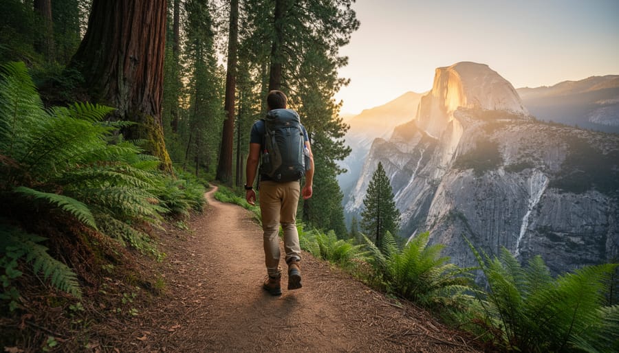 Hiker on a winding California hiking trail with redwood ferns and granite peaks in the background, showing rugged terrain and natural scenery.