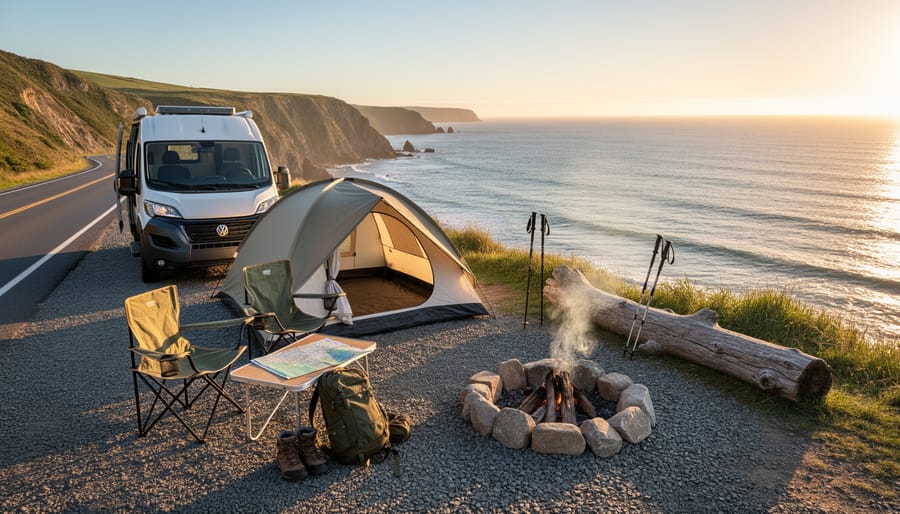 Camping gear and a small tent set up near a coastal road with ocean waves in the background.