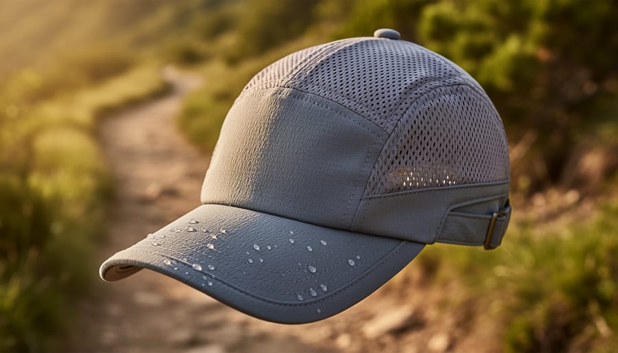 Close-up of a breathable lightweight hiking cap fabric and ventilation panels