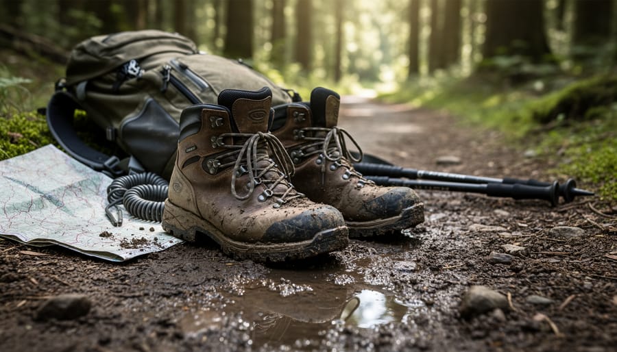 Close-up of muddy hiking boots and trekking poles on a forest trail