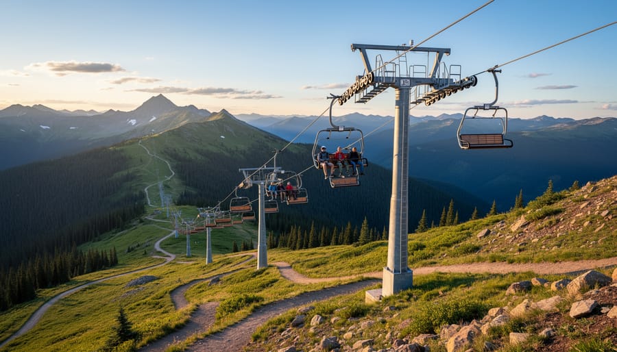 Empty chairlift suspended above a forested slope at Sun Peaks