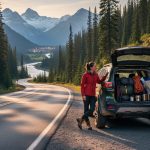 Winding mountain road with an off-road SUV and camping gear near a roadside pullout, overlooking distant alpine peaks and a forest trail.