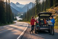 Winding mountain road with an off-road SUV and camping gear near a roadside pullout, overlooking distant alpine peaks and a forest trail.