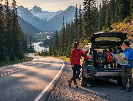 Winding mountain road with an off-road SUV and camping gear near a roadside pullout, overlooking distant alpine peaks and a forest trail.