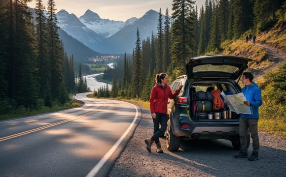 Winding mountain road with an off-road SUV and camping gear near a roadside pullout, overlooking distant alpine peaks and a forest trail.