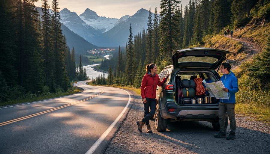Winding mountain road with an off-road SUV and camping gear near a roadside pullout, overlooking distant alpine peaks and a forest trail.