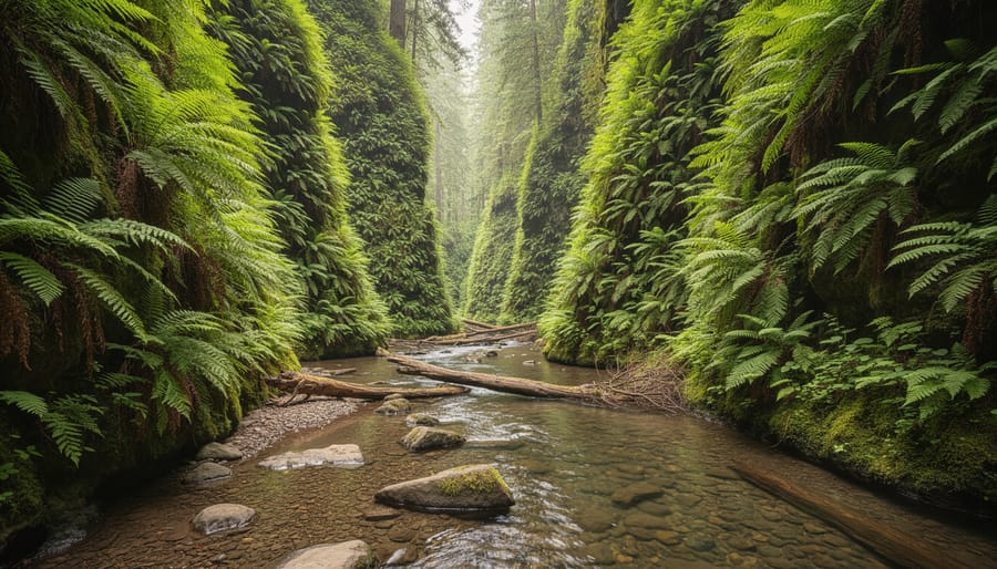 Fern-covered canyon walls with a small creek running through Fern Canyon