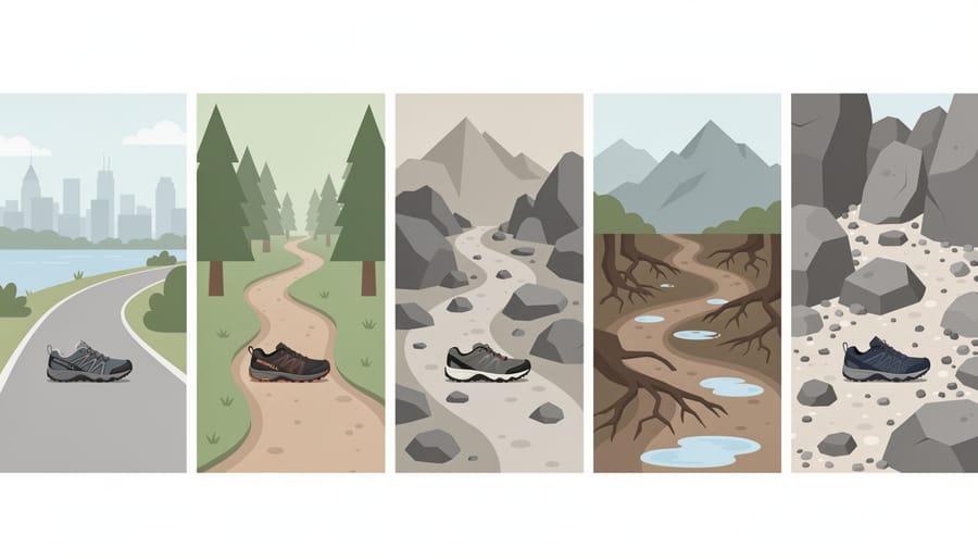 Five Merrell hiking shoe pairs laid out on different Canadian trail surfaces