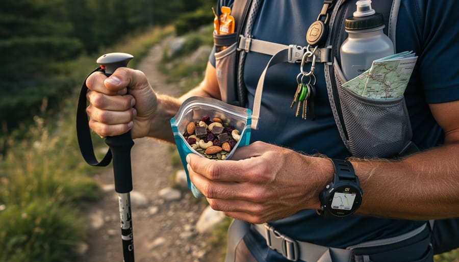Hands holding trail mix snack near hiking gear in the outdoors