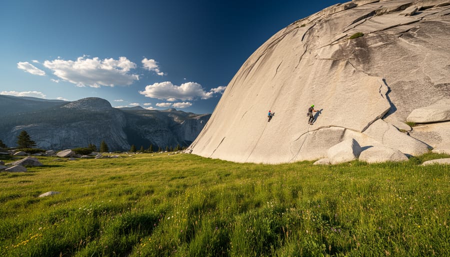 Hiker at Lembert Dome summit with Tuolumne Meadows and granite domes in the background