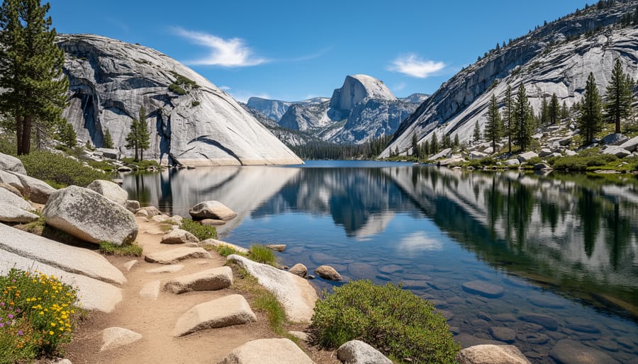Hiker at Pear Lake with granite peaks and reflections on the water