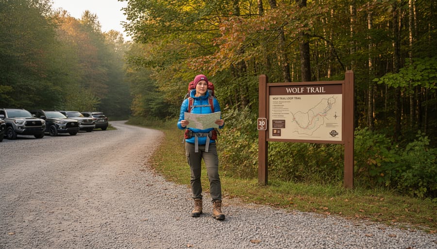 Hiker at the Wolf Trail trailhead near a parking area with a path leading into the forest.
