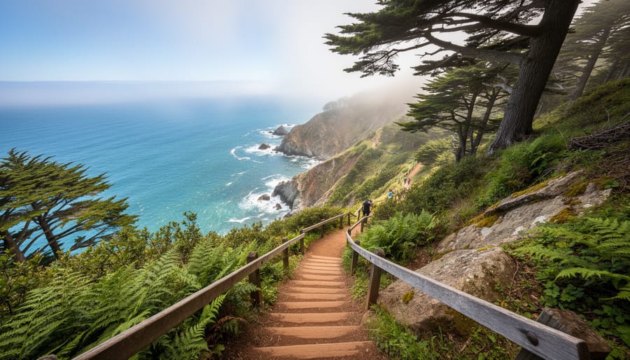 Hiker on Steep Ravine trail climbing toward ocean views on Mount Tamalpais