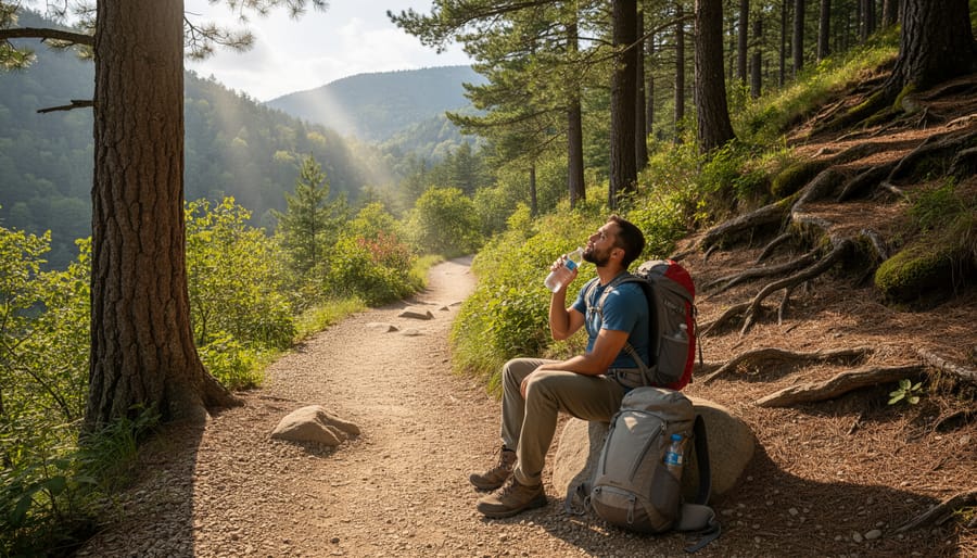 Hiker taking a break on a rocky spot along the Wolf Trail route while holding a water bottle.