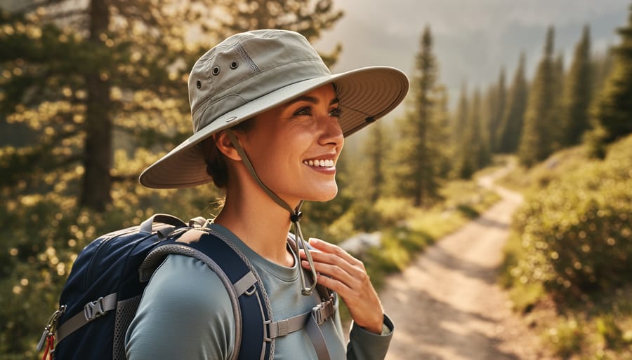 Hiker wearing a wide-brim hiking cap on a bright mountain trail