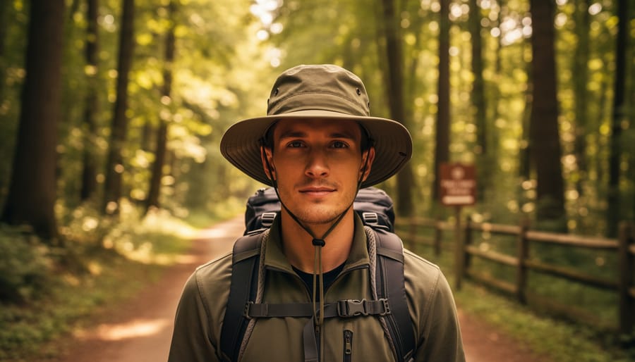 Hiker wearing an adventure-style bucket hat in a sunlit forest clearing